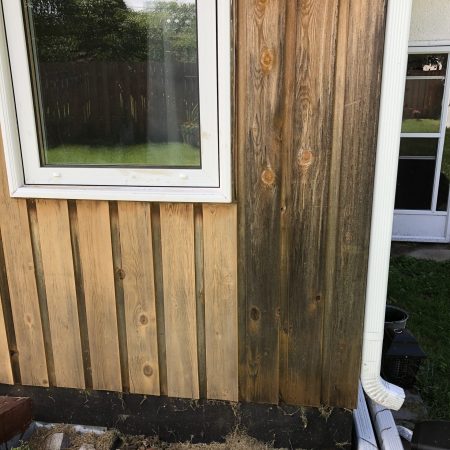 Kenora Home Sanding Cedar Panels Before (right) & After (left)